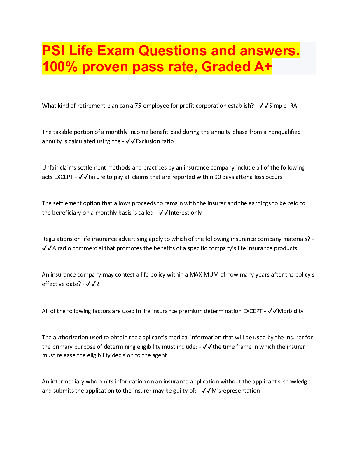 PSI Life Exam Questions and answers. 100 proven pass rate, Graded A+